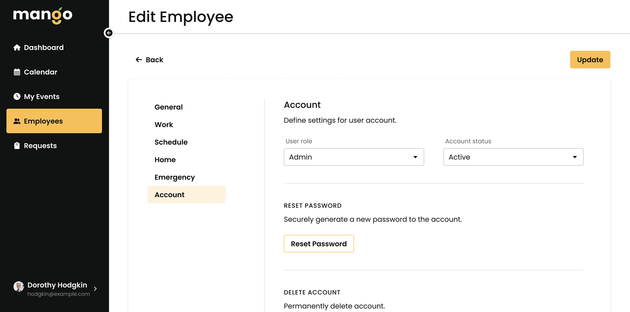 mango edit employee account data screenshot