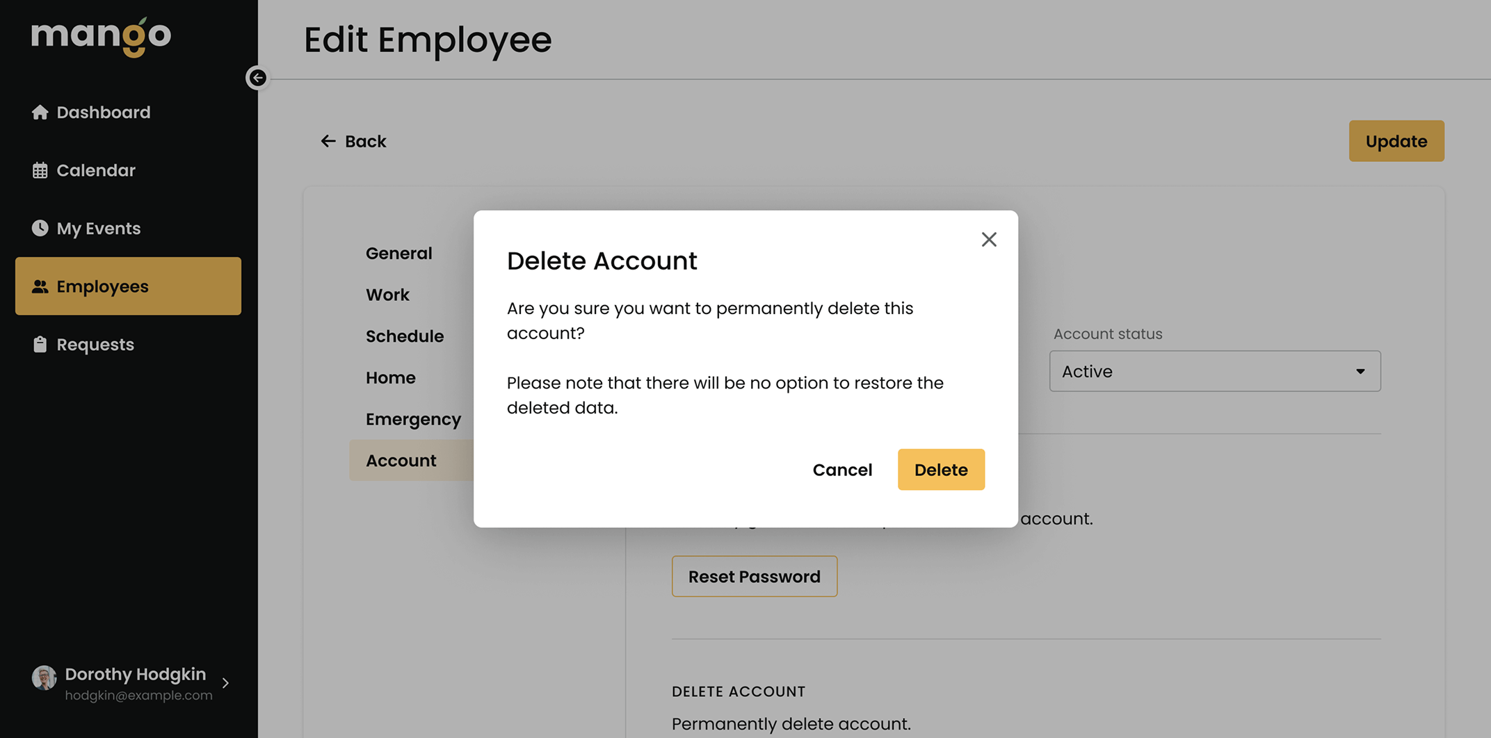 mango delete employee screenshot